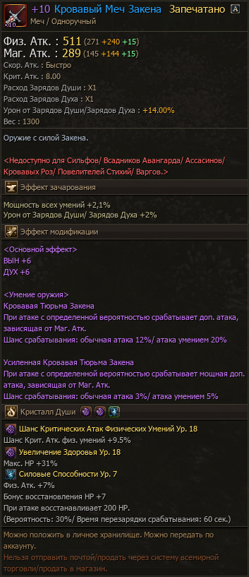 Кровавый Меч Закена +10 характеристики Lineage 2 Essence Project Wolf