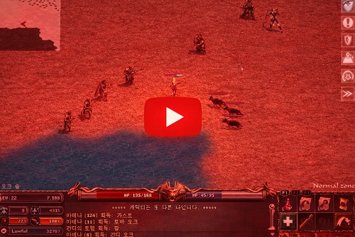 Скриншот из Lineage Classic (первая версия): герой 22 уровня сражается с орками и волками у воды, на экране виден классический интерфейс с полосами HP/MP и инвентарём.