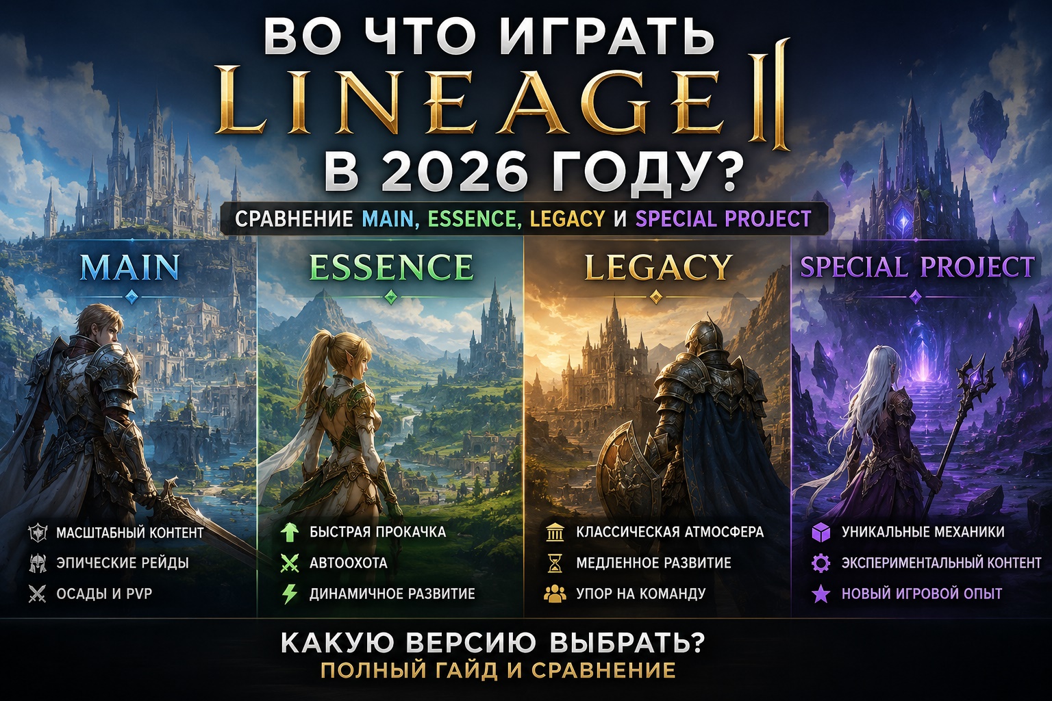 Сравнение Lineage 2 Main, Essence, Legacy и Special Project — какую версию выбрать в 2026 году
