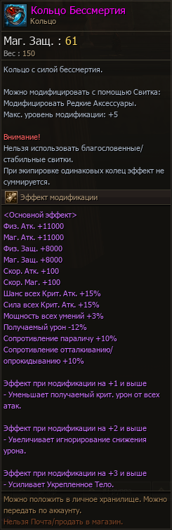 Характеристики предмета Кольцо Бессмертия в Lineage 2 Essence